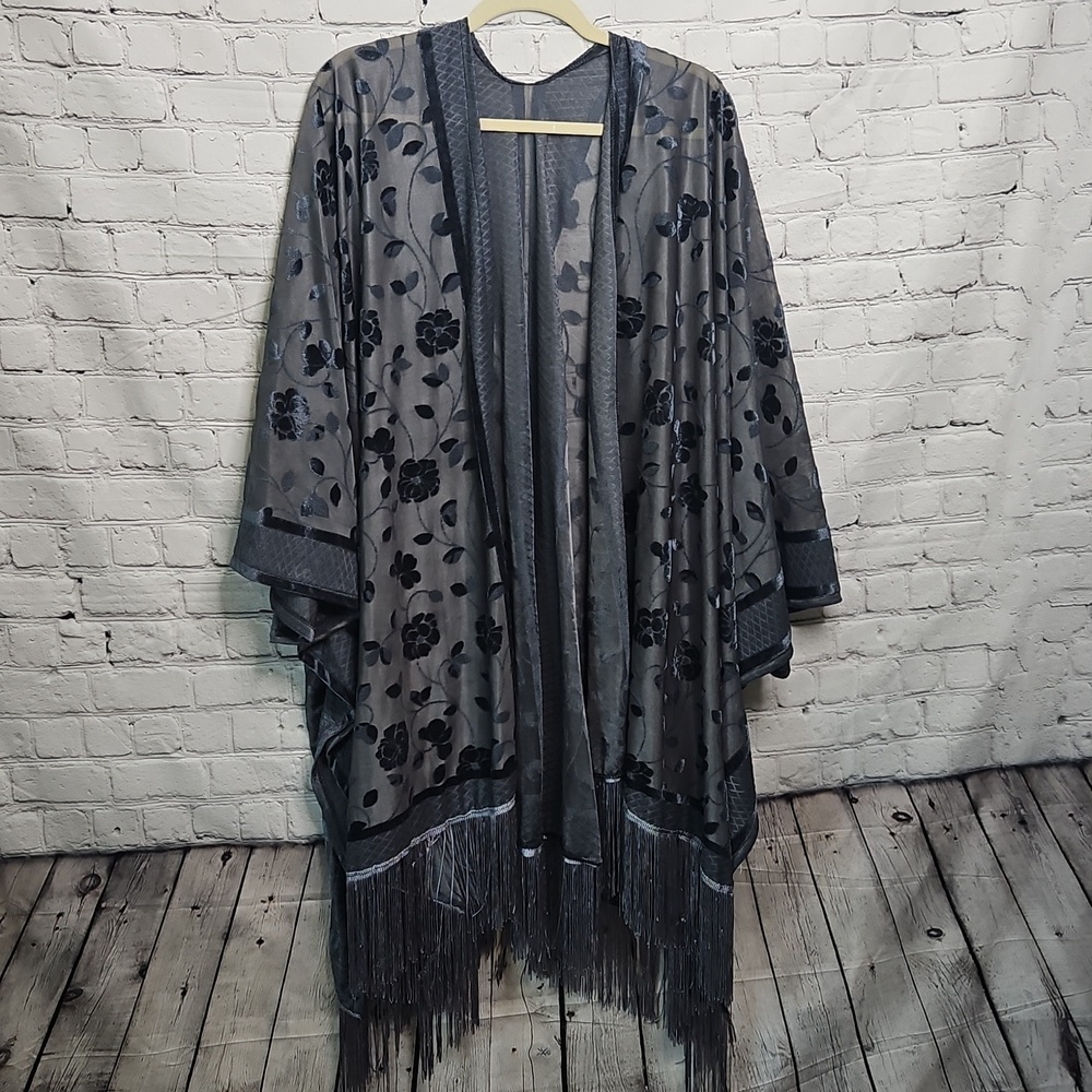 Blue Gray Floral Velvet Burnout Kimono Fringe One Size